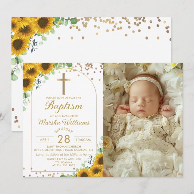 Elegantes Sonnenblumen Glitzer Taufe Foto Einladung (Vorne/Hinten)