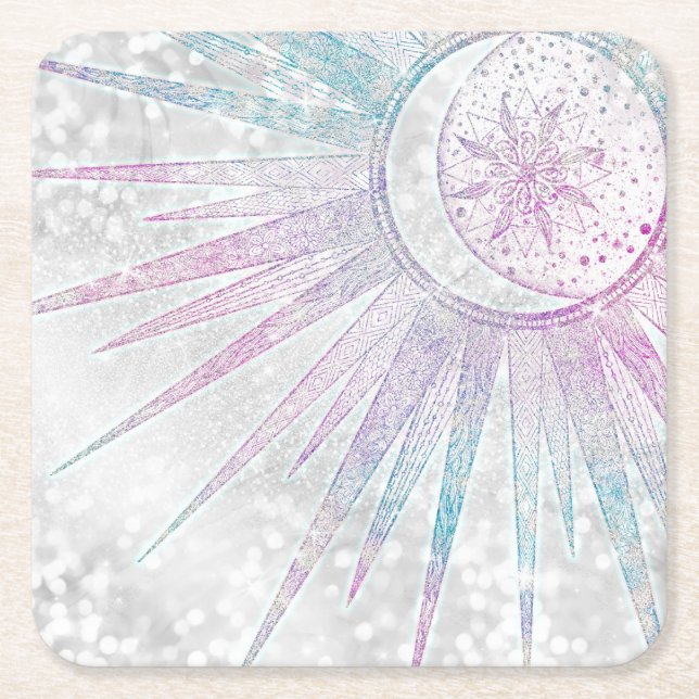 Elegantes Sonnenmond Mandala Silver Design Rechteckiger Pappuntersetzer (Vorderseite)