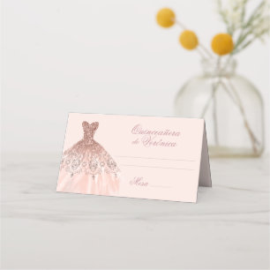 Elegantes Spanisch Quinceañera Mis Quince Pink Ros Platzkarte