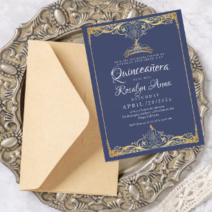 Elegantes Spanisches Mis Quince Navy Blue Gold Fot Einladung