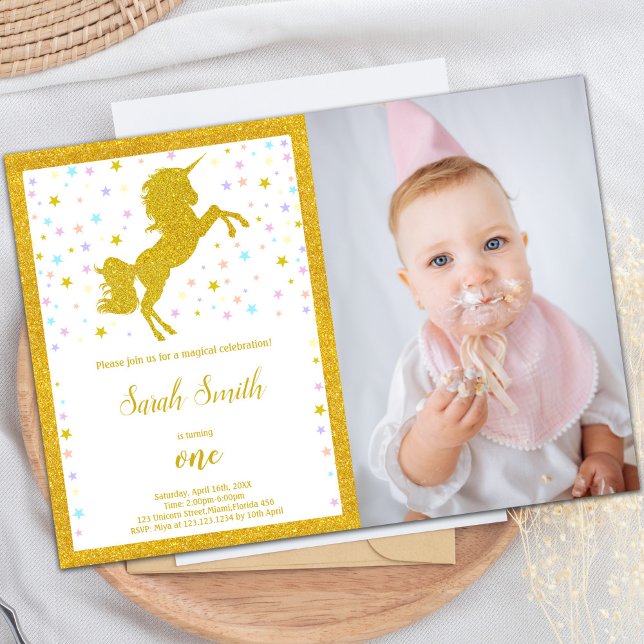 Elegantes Sparkle Party für Girls Einladung (Golden Unicorn Birthday Invitations with photo)