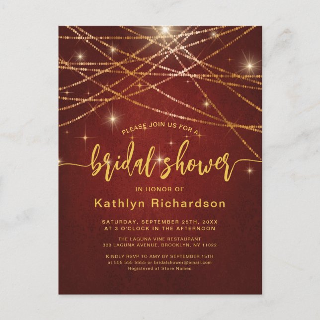 Elegantes Sparkling Gold String Lights Brautparty Einladungspostkarte (Vorderseite)