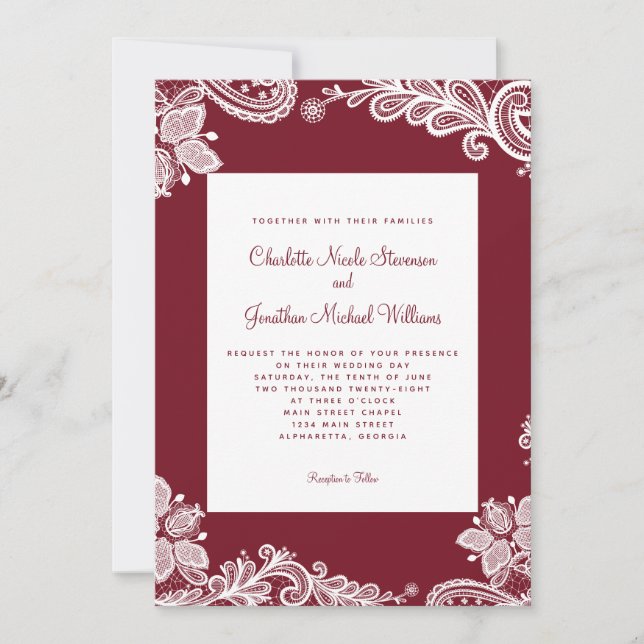 Elegantes Spitzen-Hochzeitliches Foto Rot Weiß Einladung (Vorderseite)