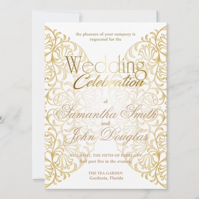 Elegantes Spitzenweiß & Gold Modernes Minimalistis Einladung (Vorderseite)