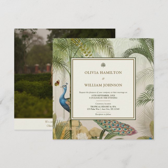 Elegantes Square Foto Tropical Peacock Palm Weddin Einladung (Vorne/Hinten)