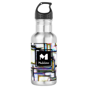 Elegantes Square Modern Watercolor Pattern Monogra Edelstahlflasche