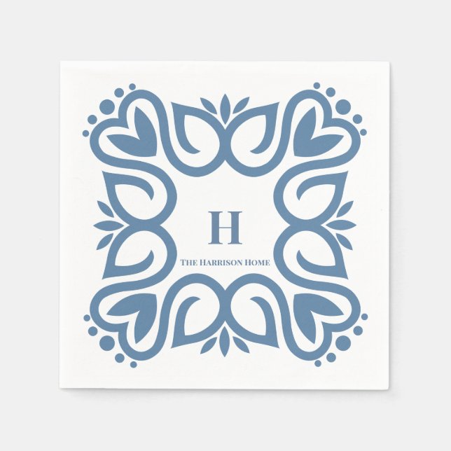 Elegantes Staubblau-Monogramm-Skript Serviette (Vorderseite)