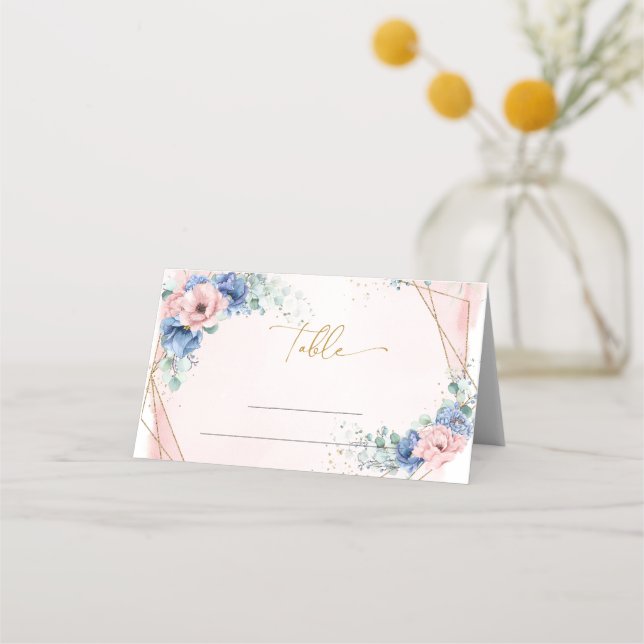 Elegantes staubblaues Aquarellgold Platzkarte (Vorderseite)