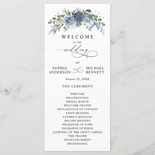 Elegantes staubblaues Blumen-Hochzeitsprogramm Programm (Vorderseite)