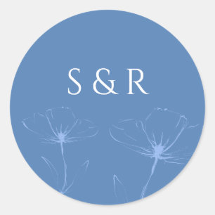 Elegantes Staubblaues Blumen-Linienkunst-Monogramm Runder Aufkleber