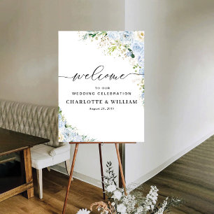Elegantes staubblaues Blumenhochzeitszeremonieplak Poster