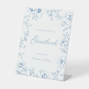 Elegantes staubblaues florales Hochzeitsgästebuch Sockelschild