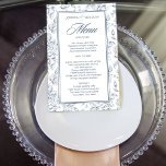 Elegantes, staubblaues Hochzeitsmenü Vintager Rose<br><div class="desc">Elegante staubblaue Vintage Rose Blumenblumen botanisches Muster auf einem weißen Hintergrund Kalligraphie Skript Hochzeitsmenü Vorlage.</div>