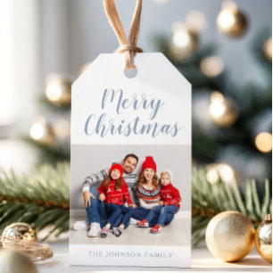 Elegantes staubblaues Skript-Weihnachtsfoto Geschenkanhänger