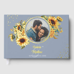 Elegantes staubblaues Sonnenblumen-Foto-Hochzeit Gästebuch