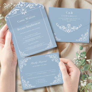 Elegantes staubiges Blau Alles in Einem Hochzeit All In One Einladung