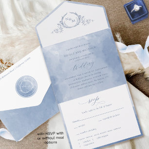Elegantes staubiges blaues Wasserfarben-Monogramm  All In One Einladung