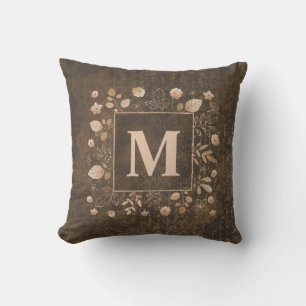 Elegantes, stilvolles Brown-Gold-Blätter-Monogramm Kissen