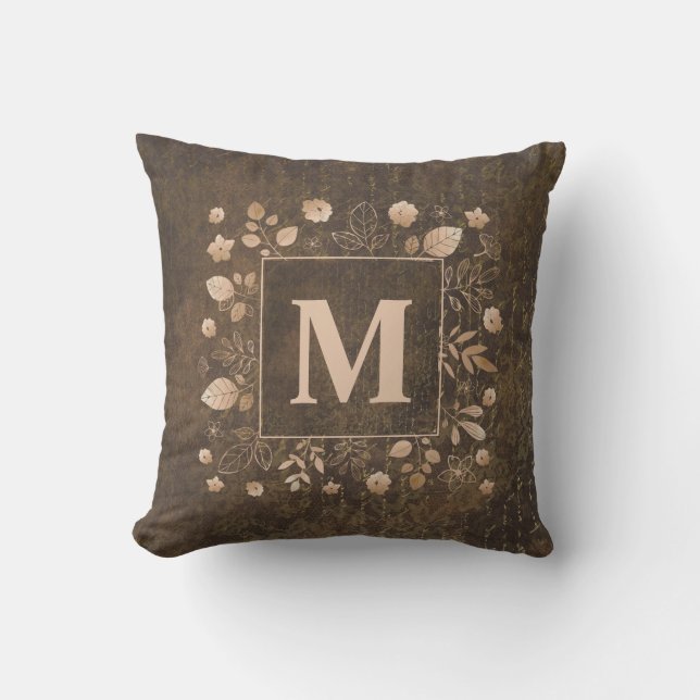 Elegantes, stilvolles Brown-Gold-Blätter-Monogramm Kissen (Vorderseite)