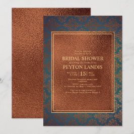 Elegantes stilvolles Kupfer Aquamarin Damask Braut Einladung