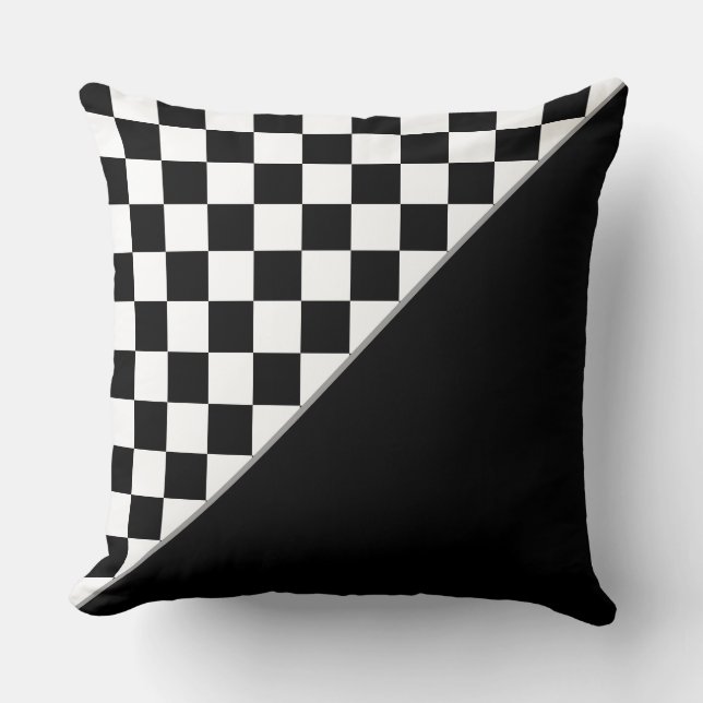 Elegantes, stilvolles Schwarz-Weiß-Schach Kissen (Vorderseite)
