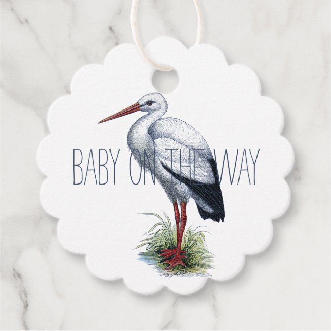 Elegantes Stork Baby Duschgeschenk Geschenkanhänger (Vorderseite)