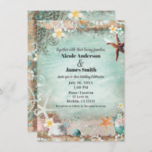 Elegantes Strandmeer Starfish & Perlen Hochzeit Einladung