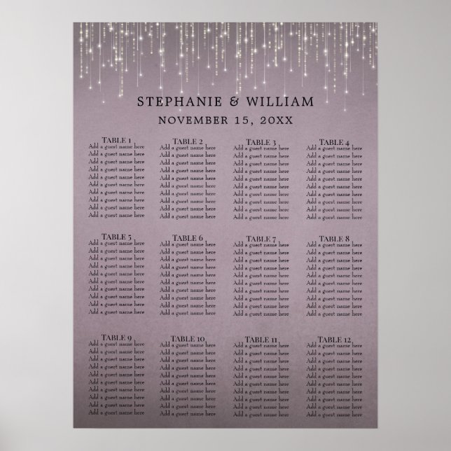 Elegantes String Lights Mauve Rose Seating Chart Poster (Vorne)