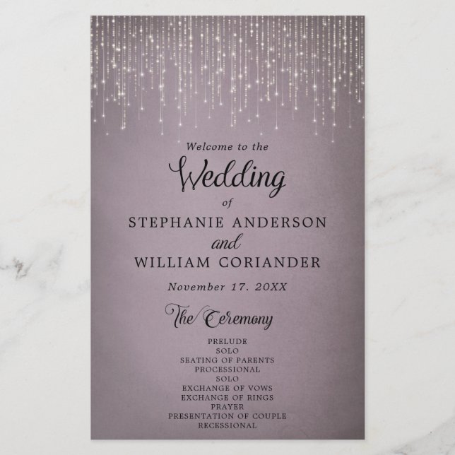 Elegantes String Lights Mauve Wedding Program (Vorderseite)