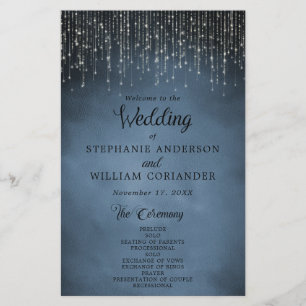 Elegantes String Lights Navy Blue Wedding Program