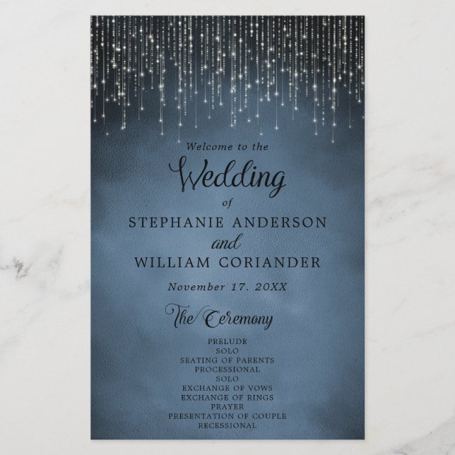 Elegantes String Lights Navy Blue Wedding Program (Vorderseite)
