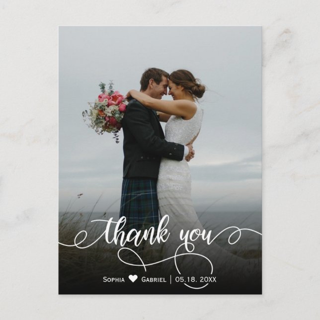 Elegantes stylisches Script Wedding Foto Vielen Da Postkarte (Vorderseite)