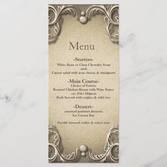 Elegantes südliches Charm Rustic Burlap Wedding Me Menükarte (Vorderseite)