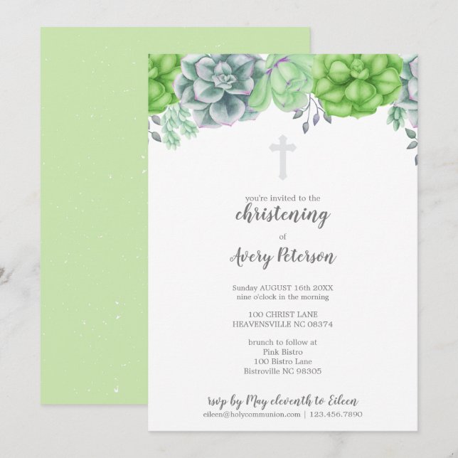 Elegantes Sukkulentes Kreuz Christening Religious Einladung (Vorne/Hinten)