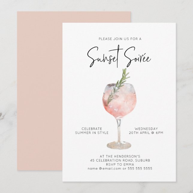 Elegantes Sunset Soiree Drinks Cocktail Party Rosa Einladung (Vorne/Hinten)