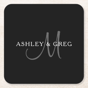 Elegantes Surname Monogram Schwarz, Grau und Wei Rechteckiger Pappuntersetzer