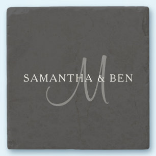 Elegantes Surname Monogram Schwarz, Grau und Wei Steinuntersetzer