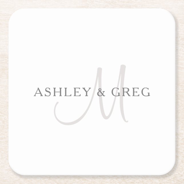 Elegantes Surname Monogram | Weiß & Grau Rechteckiger Pappuntersetzer (Vorderseite)