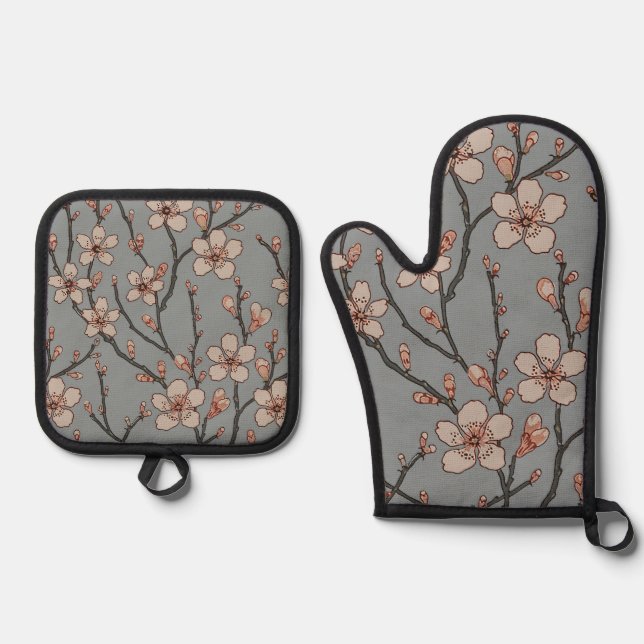 Elegantes süß rosa Blume Blossom Kirschmuster Ofenhandschuh & Topflappen-Set (Vorderseite)