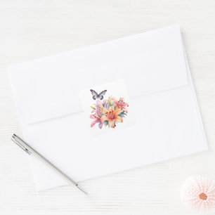 Elegantes süßes Blumen- und Schmetterlingsdesign Quadratischer Aufkleber