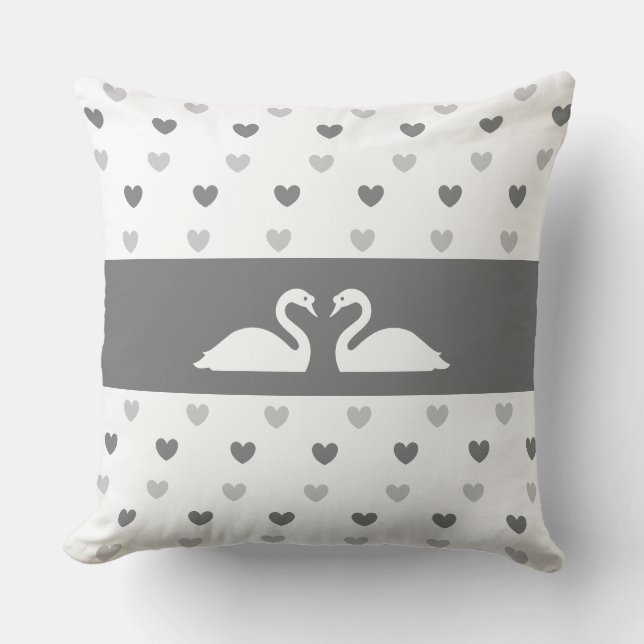 Elegantes Swan Couple & Silver Heart Muster Kissen (Vorderseite)
