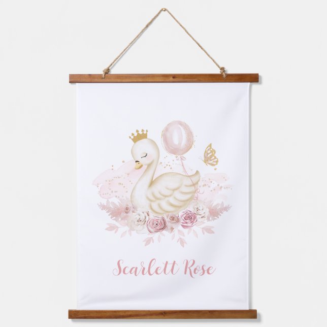 Elegantes Swan Princess Blush Gold Ballon Kinderzi Wandteppich Mit Holzrahmen (Vorderseite)