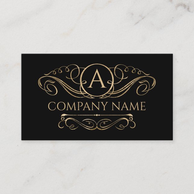 Elegantes Swirl Monogram Gold auf Schwarz Visitenkarte (Vorderseite)