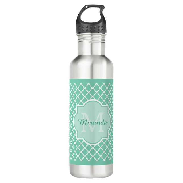 Elegantes tadelloses grünes Quatrefoil Monogramm Edelstahlflasche (Vorderseite)