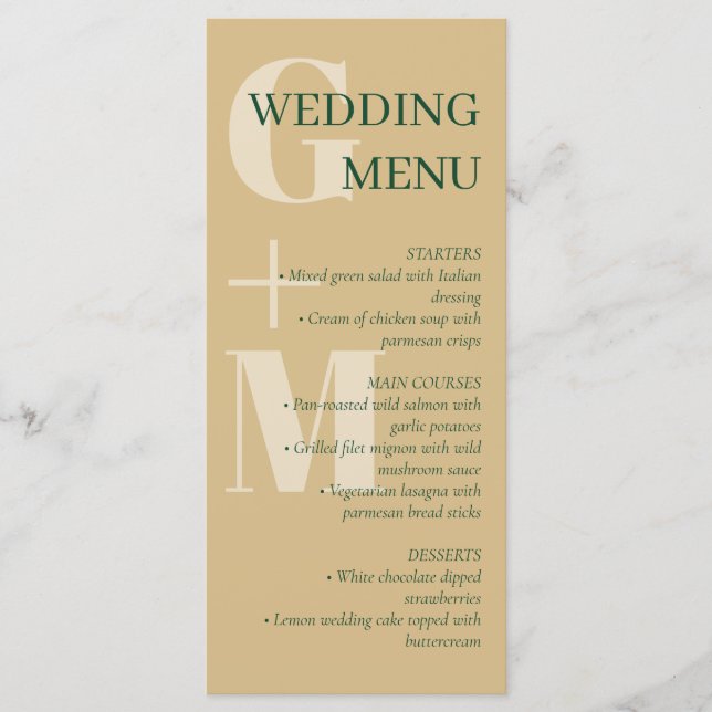 Elegantes Tan & Green Typografy Wedding Menu Menükarte (Vorderseite)