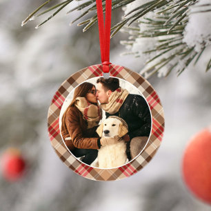 Elegantes Tan Tartan Kariertes Weihnachtsfest Foto Ornament