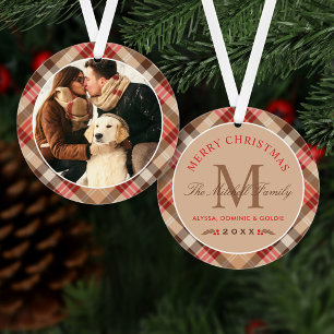 Elegantes Tan-Tartan-Karo-Weihnachts-Monogramm-Fot Ornament