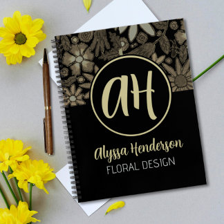 Elegantes Tan- und schwarzes Blumen-Floristik-Logo Notizbuch