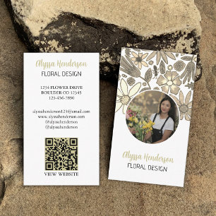 Elegantes Tan- und Weiß-Blumen-Foto-QR-Code-Logo Visitenkarte