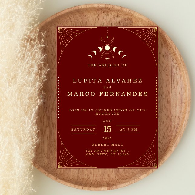 Elegantes Tarot Gold Red Maroon Hochzeit real Folieneinladung (Von Creator hochgeladen)